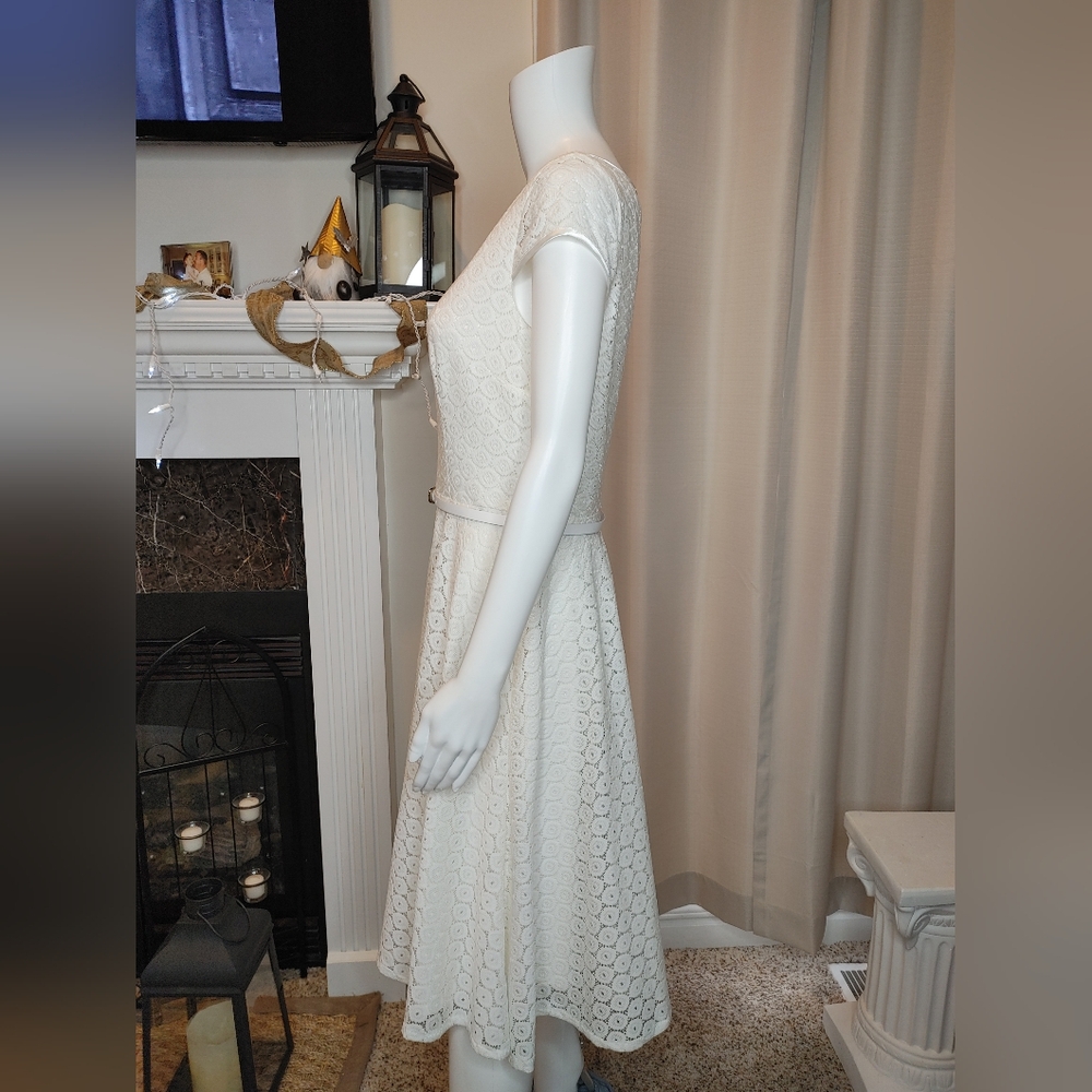 JONES STUDIO Belted Lace Fit & Flare Dress, Ivory 8 - Picture 6 of 9